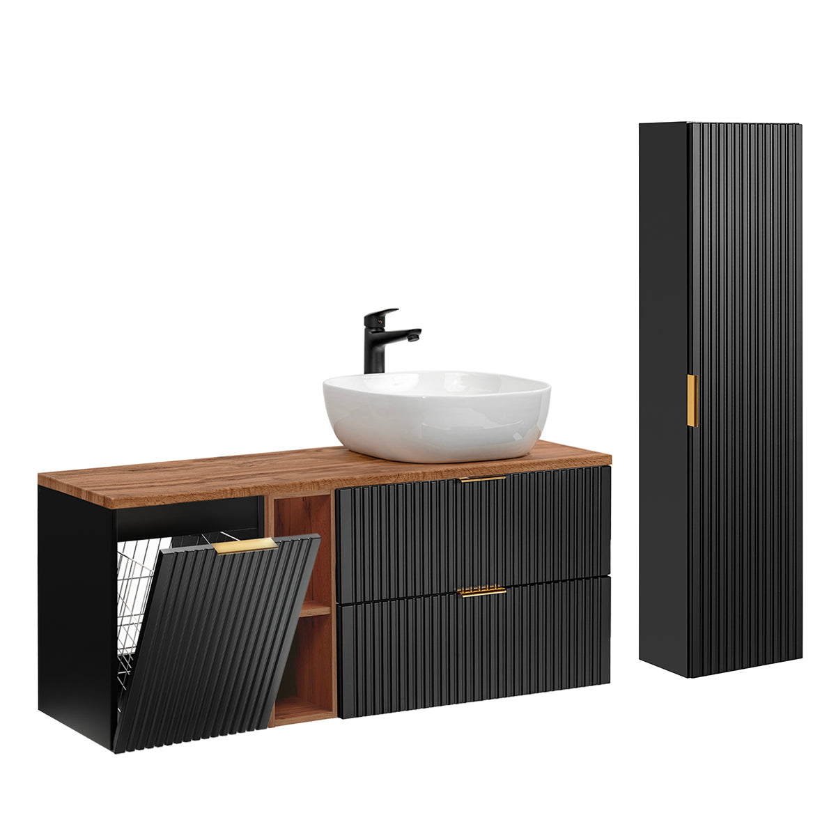 Ensemble meuble simple vasque 140cm 2 niches panier à linge et colonne Adriel Noir et Bois - vue 2