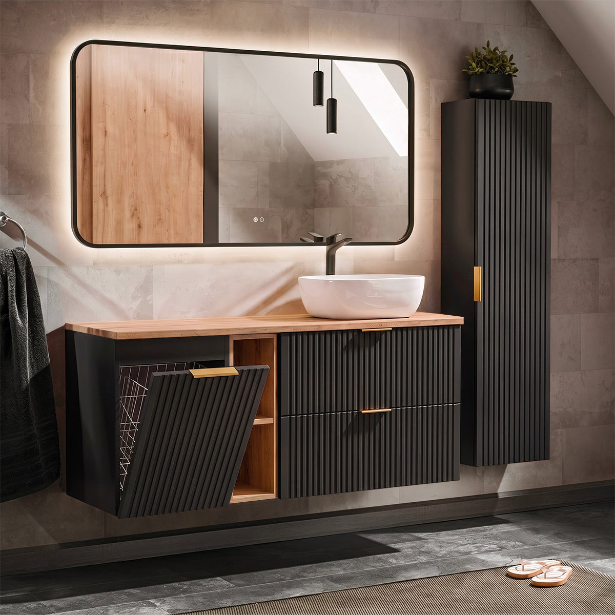 Ensemble meuble simple vasque 140cm 2 niches panier à linge et colonne Adriel Noir et Bois