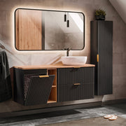Ensemble meuble simple vasque 140cm 2 niches panier à linge et colonne Adriel Noir et Bois