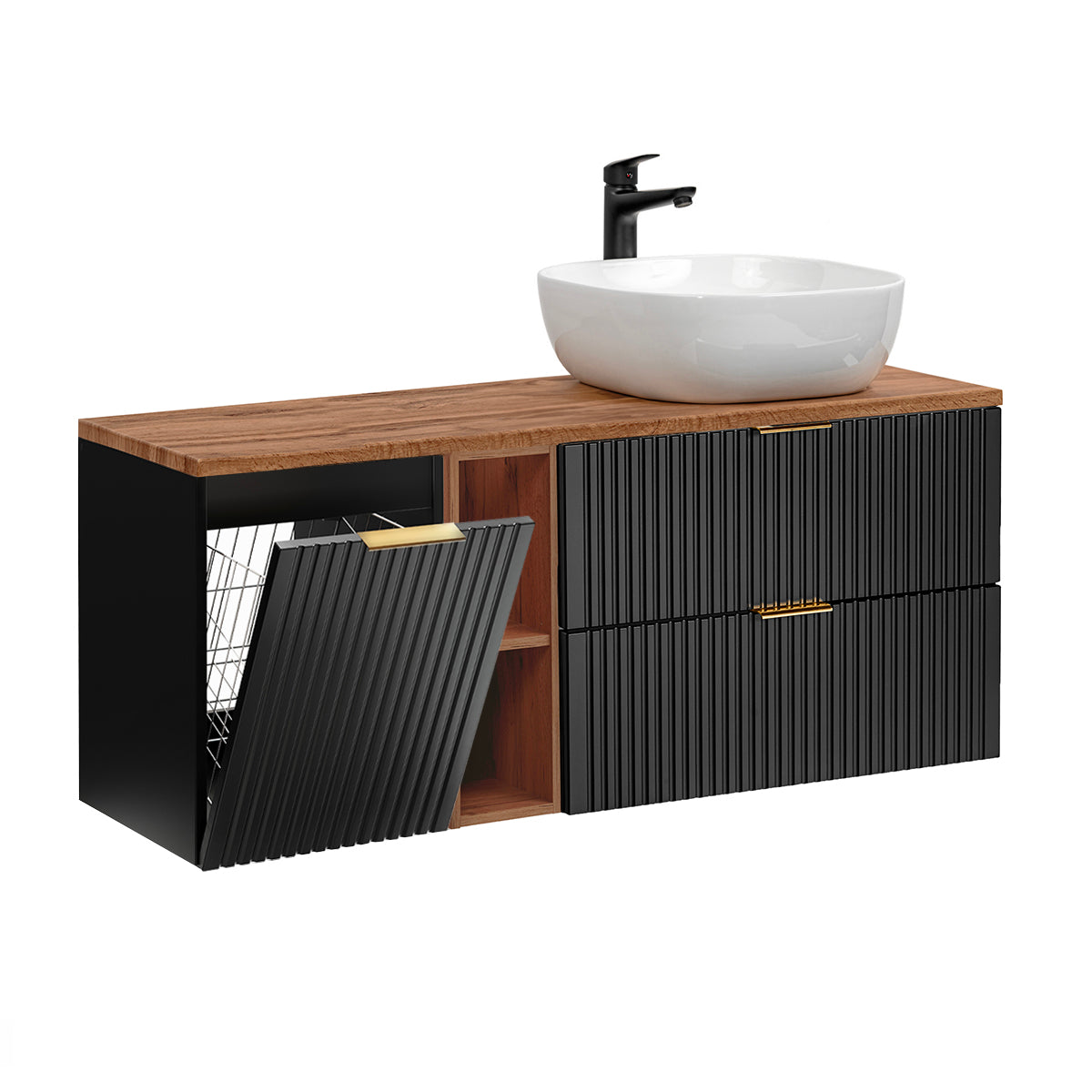 Meuble simple vasque 140cm 2 niches panier à linge Adriel Noir et Bois