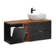Meuble simple vasque 140cm 2 niches panier à linge Adriel Noir et Bois