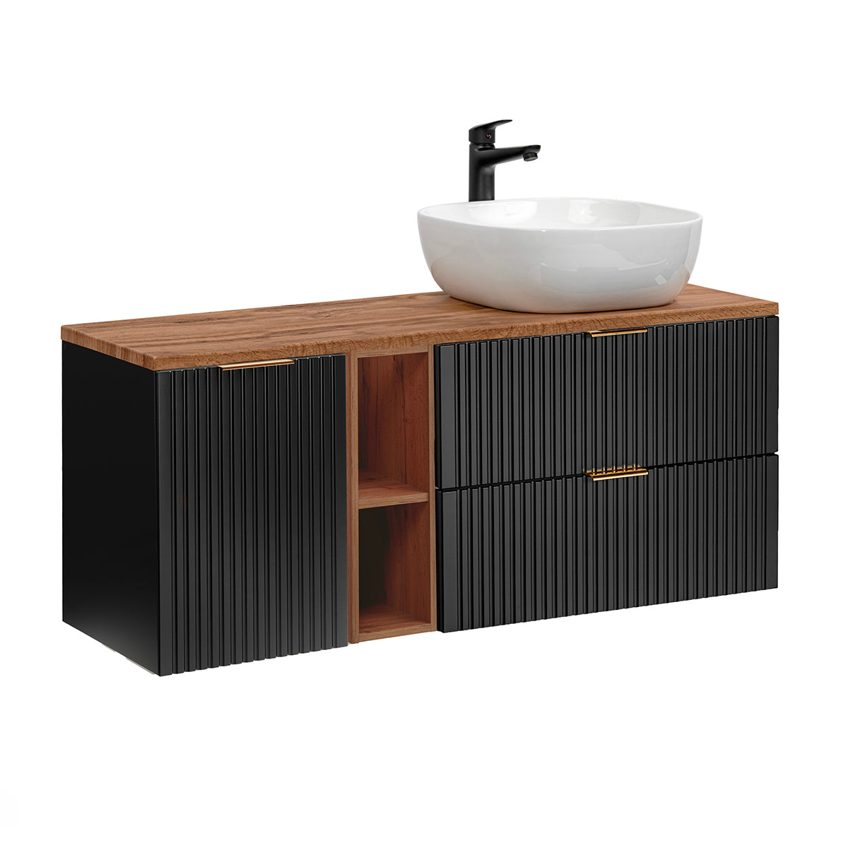 Meuble simple vasque 140cm 2 niches panier à linge Adriel Noir et Bois - vue 2