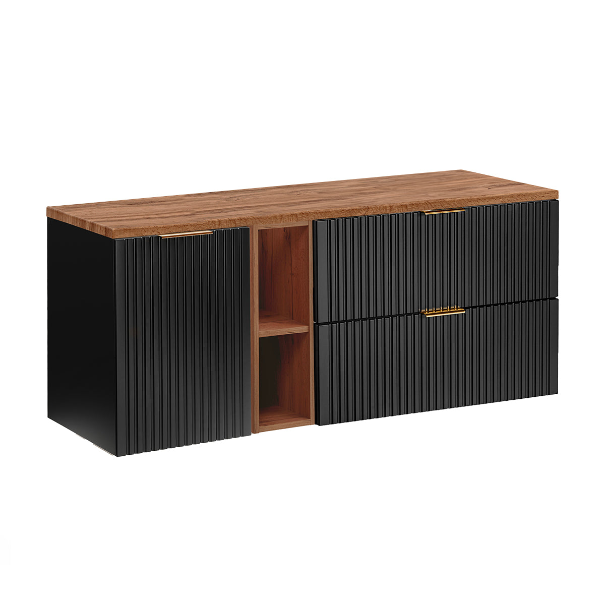 Meuble sous-vasque 140cm 2 niches panier à linge Adriel Noir et Bois - vue 2