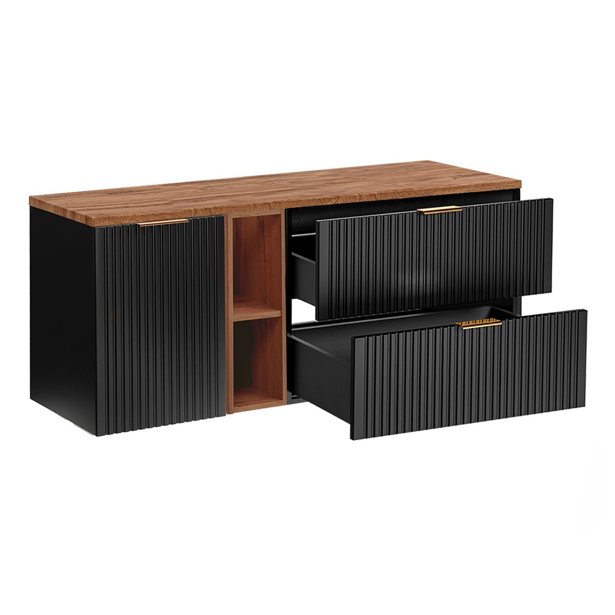 Meuble simple vasque 140cm 2 niches panier à linge Adriel Noir et Bois - vue 3