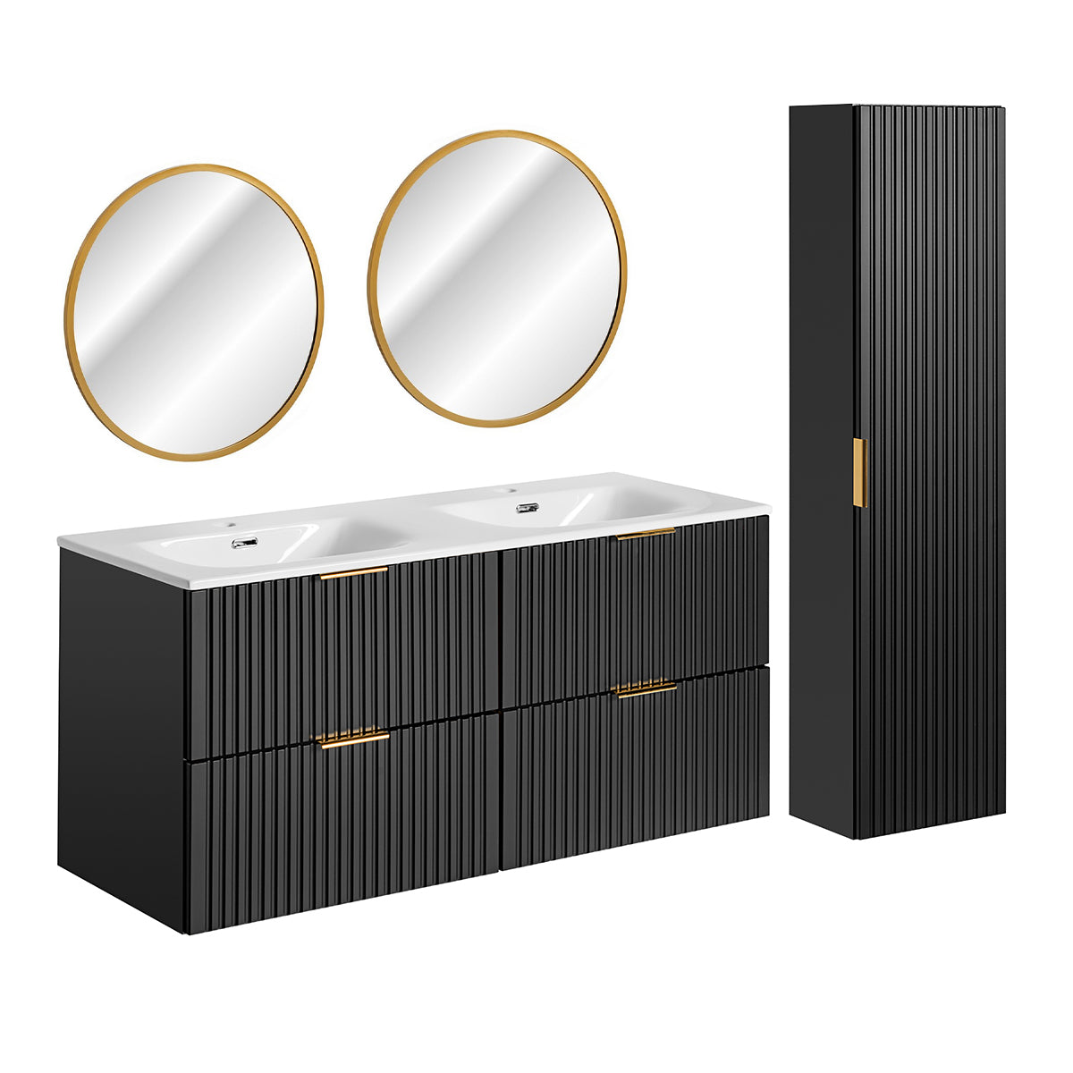 Ensemble meuble double vasque encastrée 120cm miroirs LED et colonne Adriel Noir - vue 2