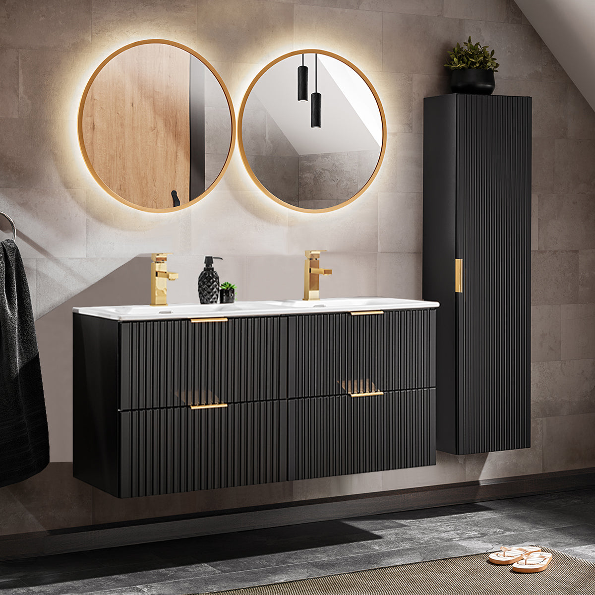 Ensemble meuble double vasque encastrée 120cm miroirs LED et colonne Adriel Noir