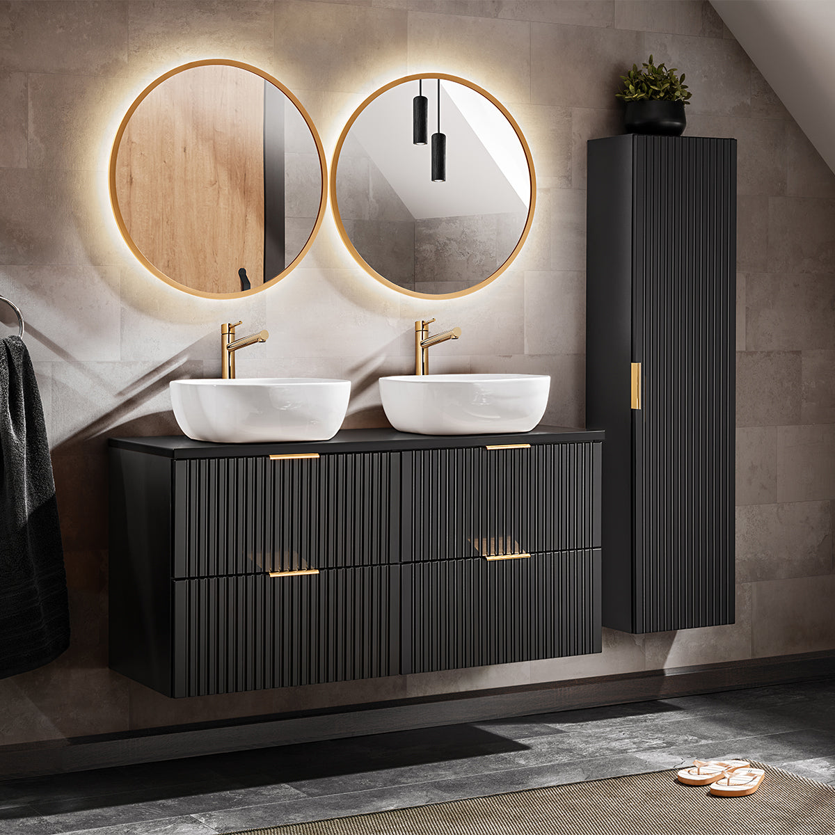 Ensemble meuble double vasque 120cm miroirs LED et colonne Adriel Noir