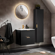 Ensemble meuble simple vasque encastrée 60cm miroir LED et colonne Adriel Noir