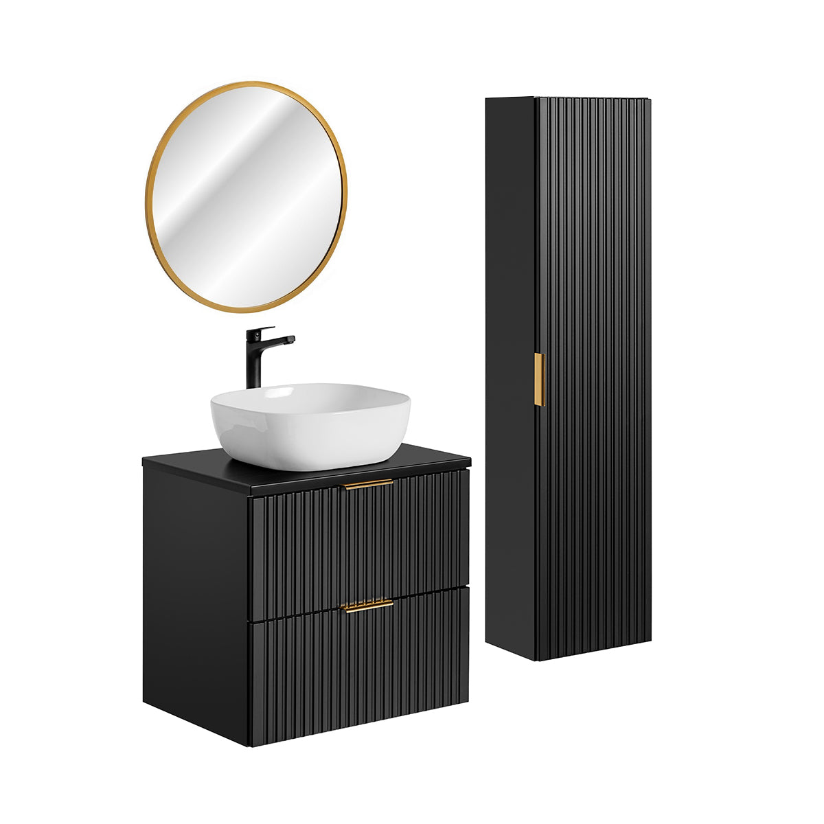 Ensemble meuble simple vasque 60cm miroir LED et colonne Adriel Noir - vue 2