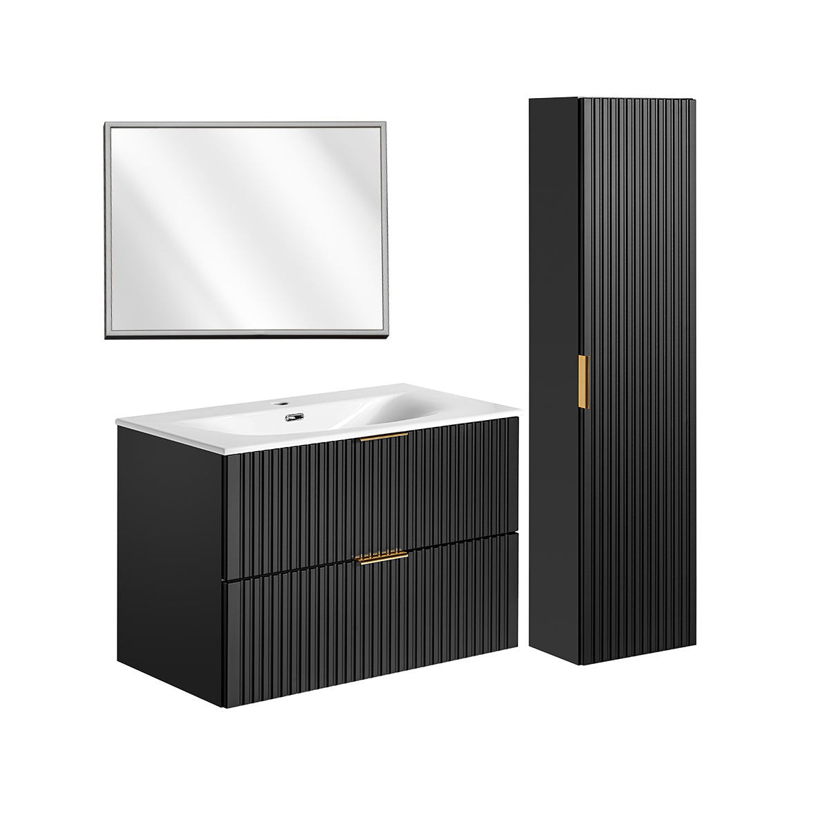 Ensemble meuble simple vasque encastrée 80cm miroir LED et colonne Adriel Noir - vue 2