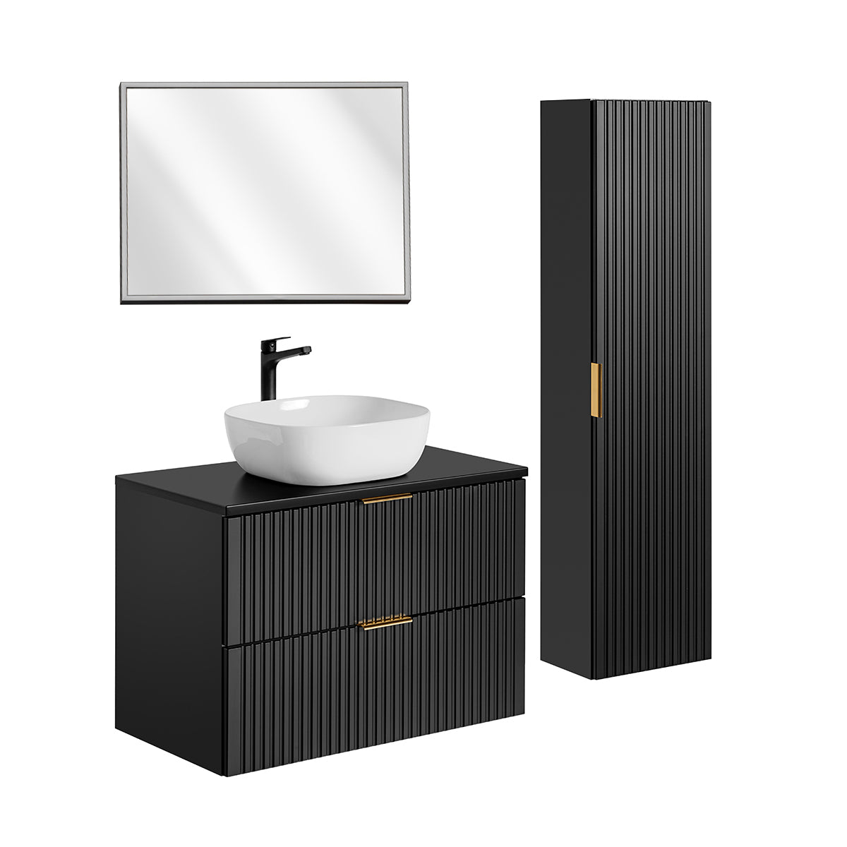 Ensemble meuble simple vasque 80cm miroir LED et colonne Adriel Noir - vue 2