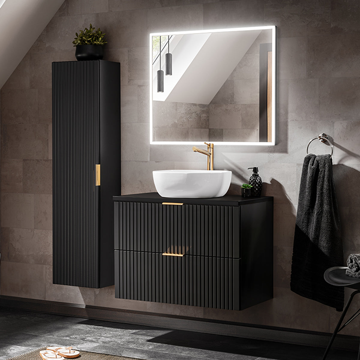 Ensemble meuble simple vasque 80cm miroir LED et colonne Adriel Noir