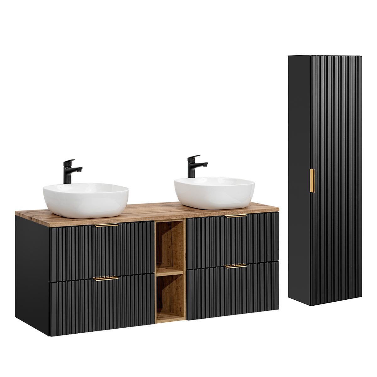 Ensemble meuble double vasque 140cm 2 niches et colonne Adriel Noir et Bois - vue 2