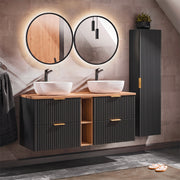 Ensemble meuble double vasque 140cm 2 niches et colonne Adriel Noir et Bois