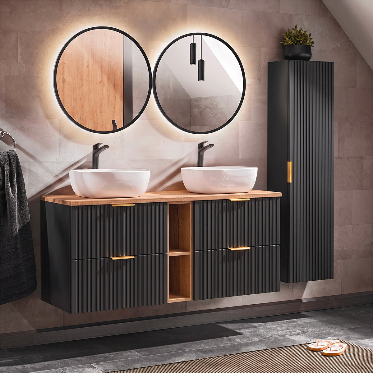 Ensemble meuble double vasque 140cm 2 niches et colonne Adriel Noir et Bois