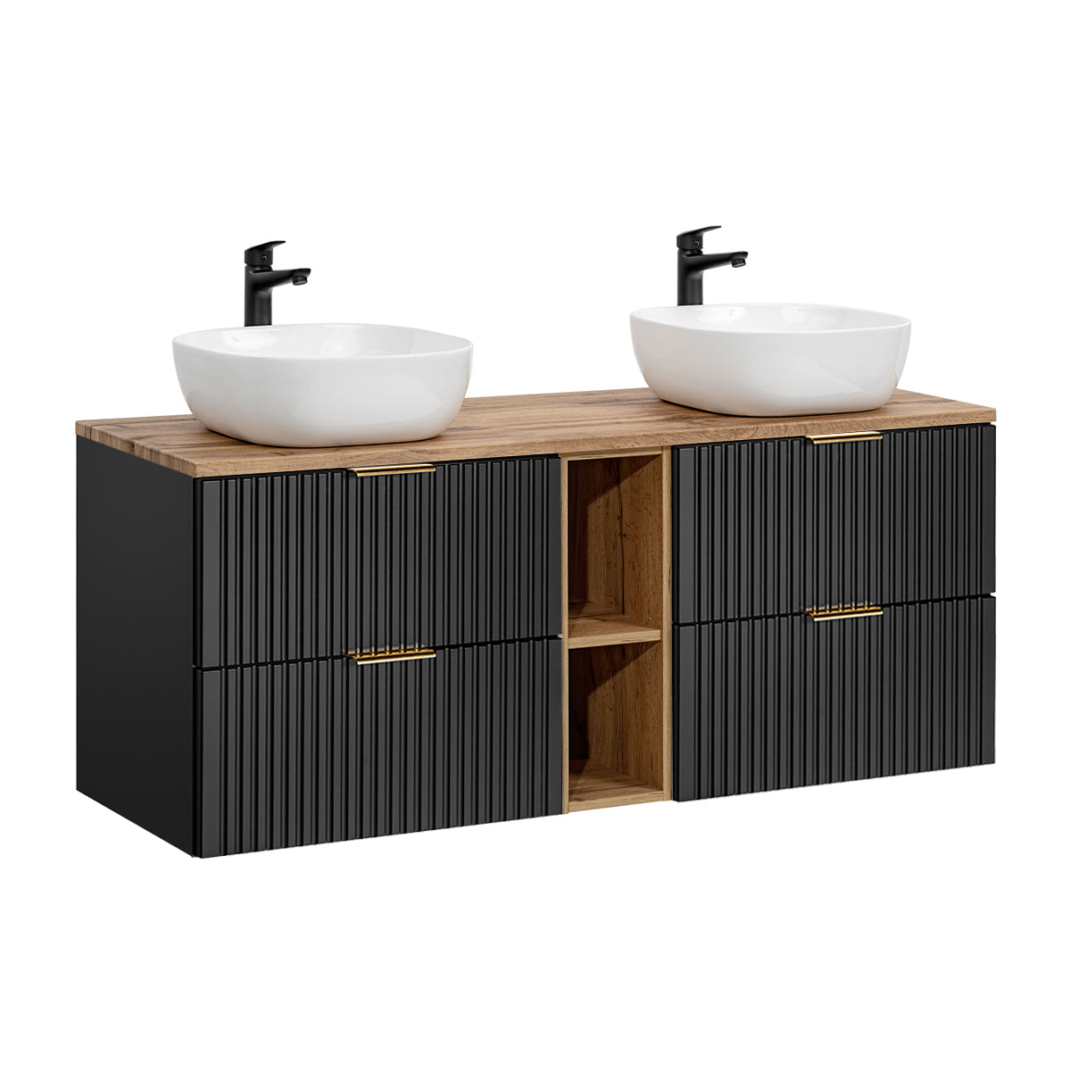 Meuble double vasque 140cm 2 niches Adriel Noir et Bois