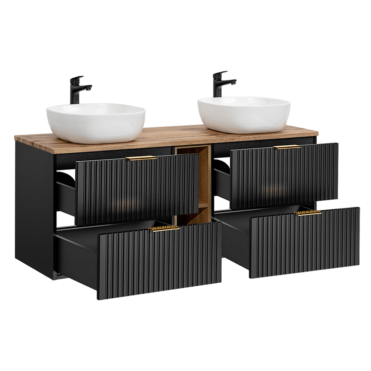 Ensemble meuble double vasque 140cm 2 niches et colonne Adriel Noir et Bois - vue 4