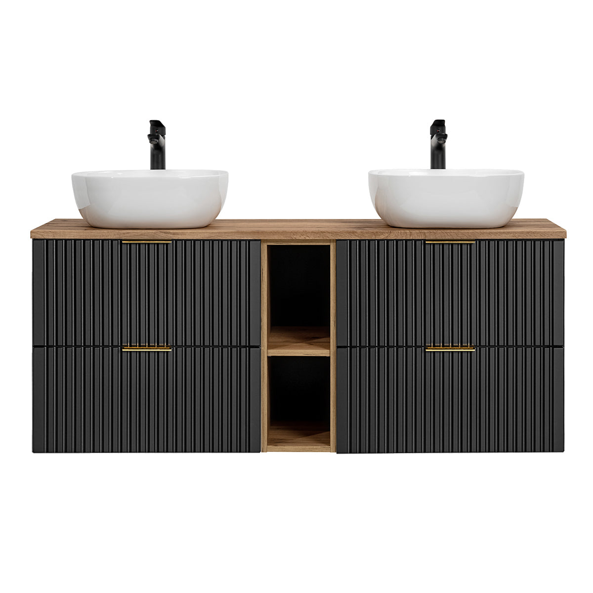 Meuble double vasque 140cm 2 niches Adriel Noir et Bois - vue 3