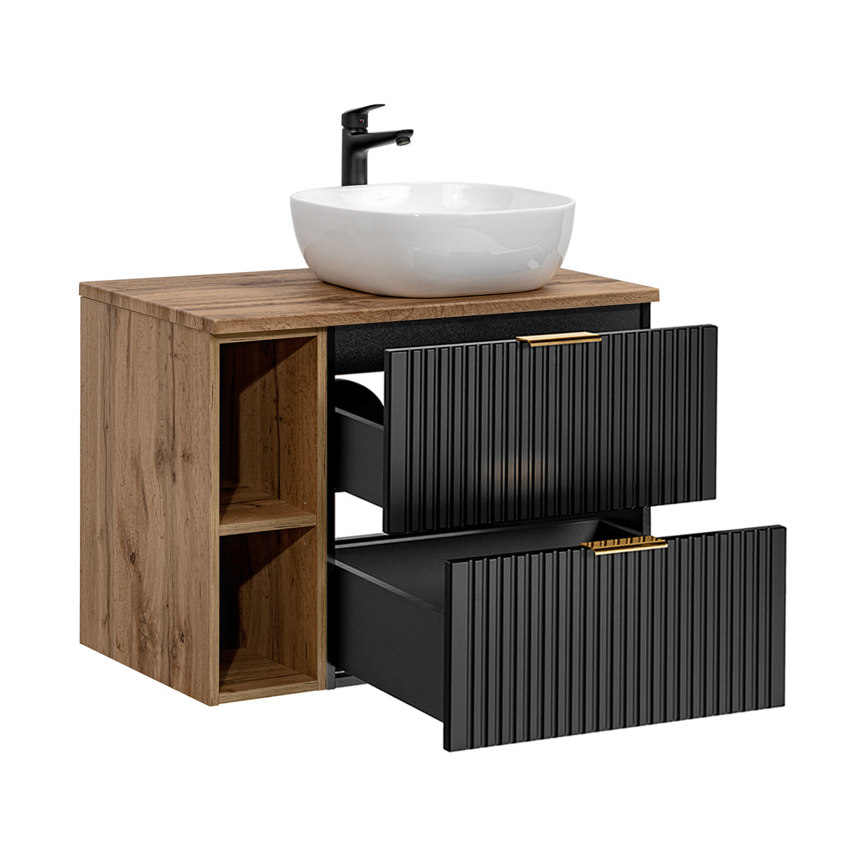 Meuble simple vasque 80cm 2 niches Adriel Noir et Bois - vue 2