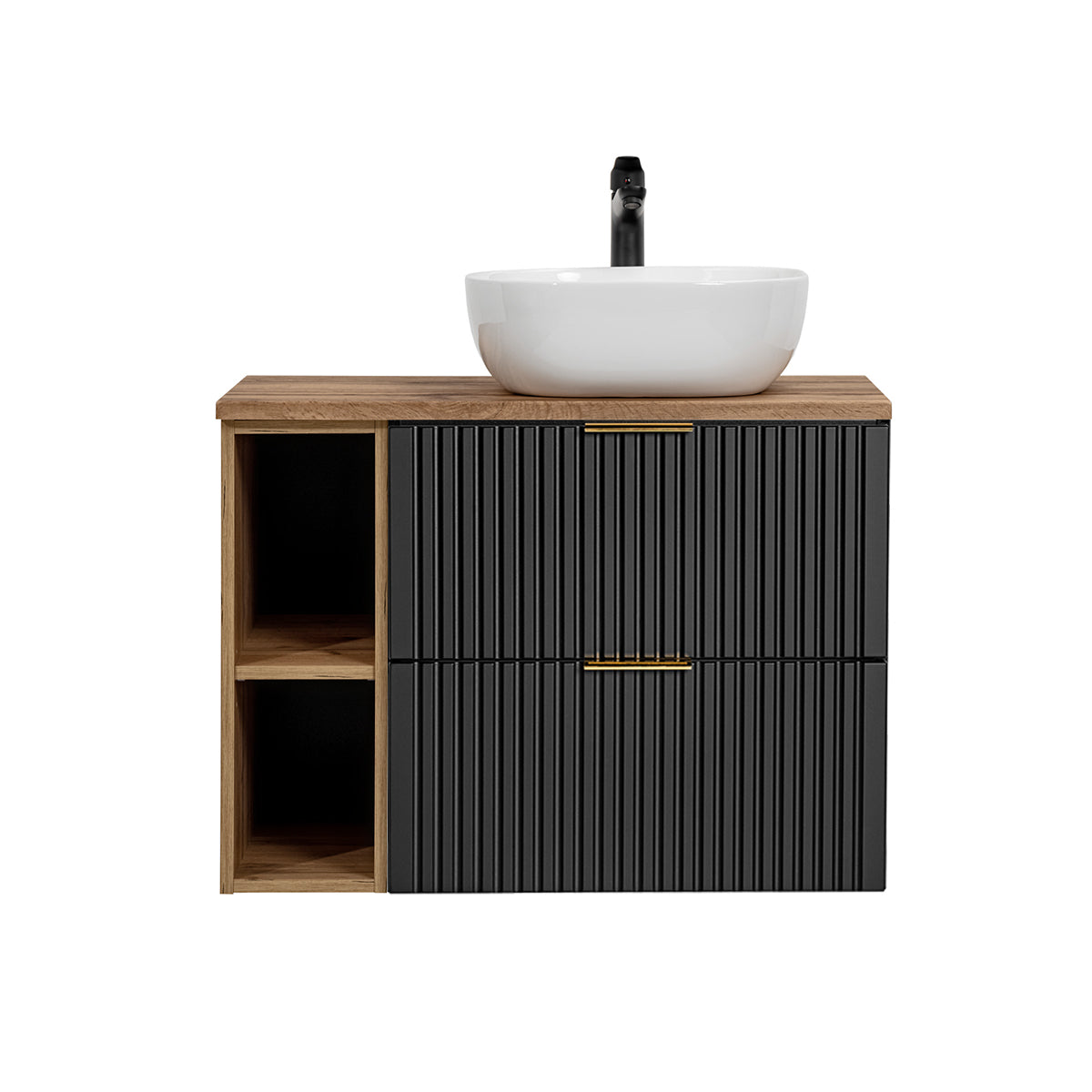 Meuble simple vasque 80cm 2 niches Adriel Noir et Bois - vue 3