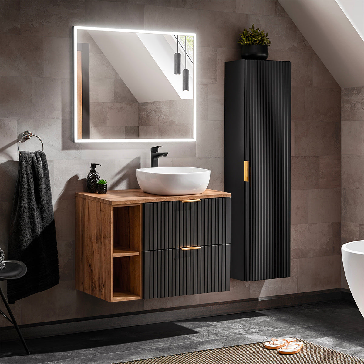 Ensemble meuble simple vasque 80cm 2 niches et colonne Adriel Noir et Bois
