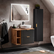 Ensemble meuble simple vasque 80cm 2 niches et colonne Adriel Noir et Bois