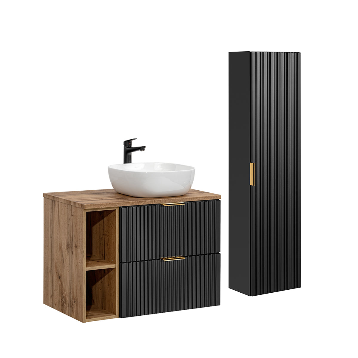 Ensemble meuble simple vasque 80cm 2 niches et colonne Adriel Noir et Bois - vue 2