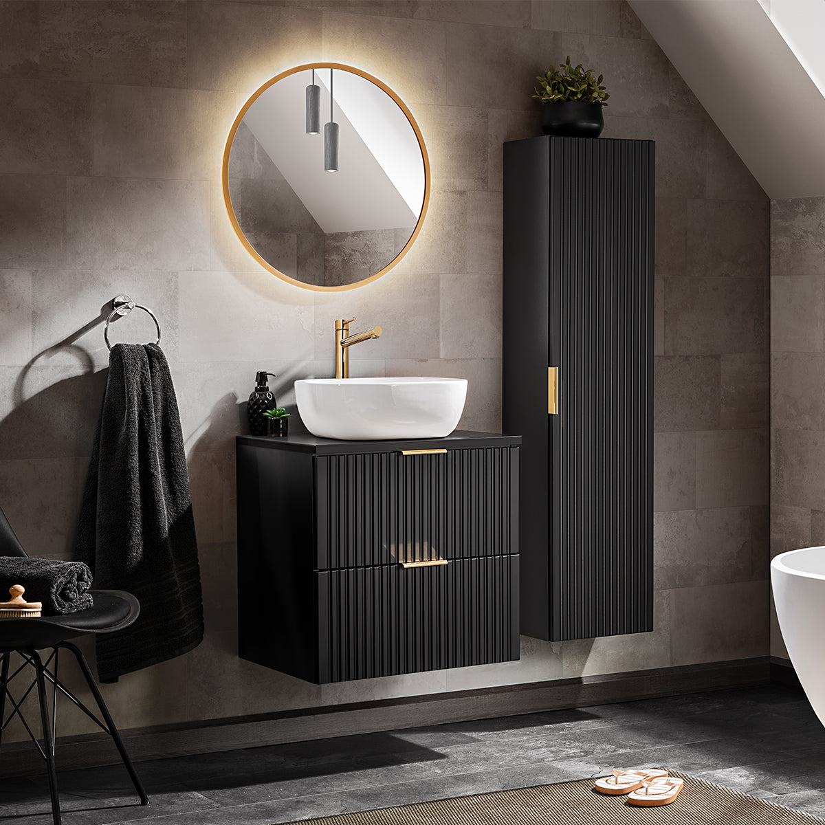 Ensemble meuble simple vasque 60cm et colonne Adriel Noir