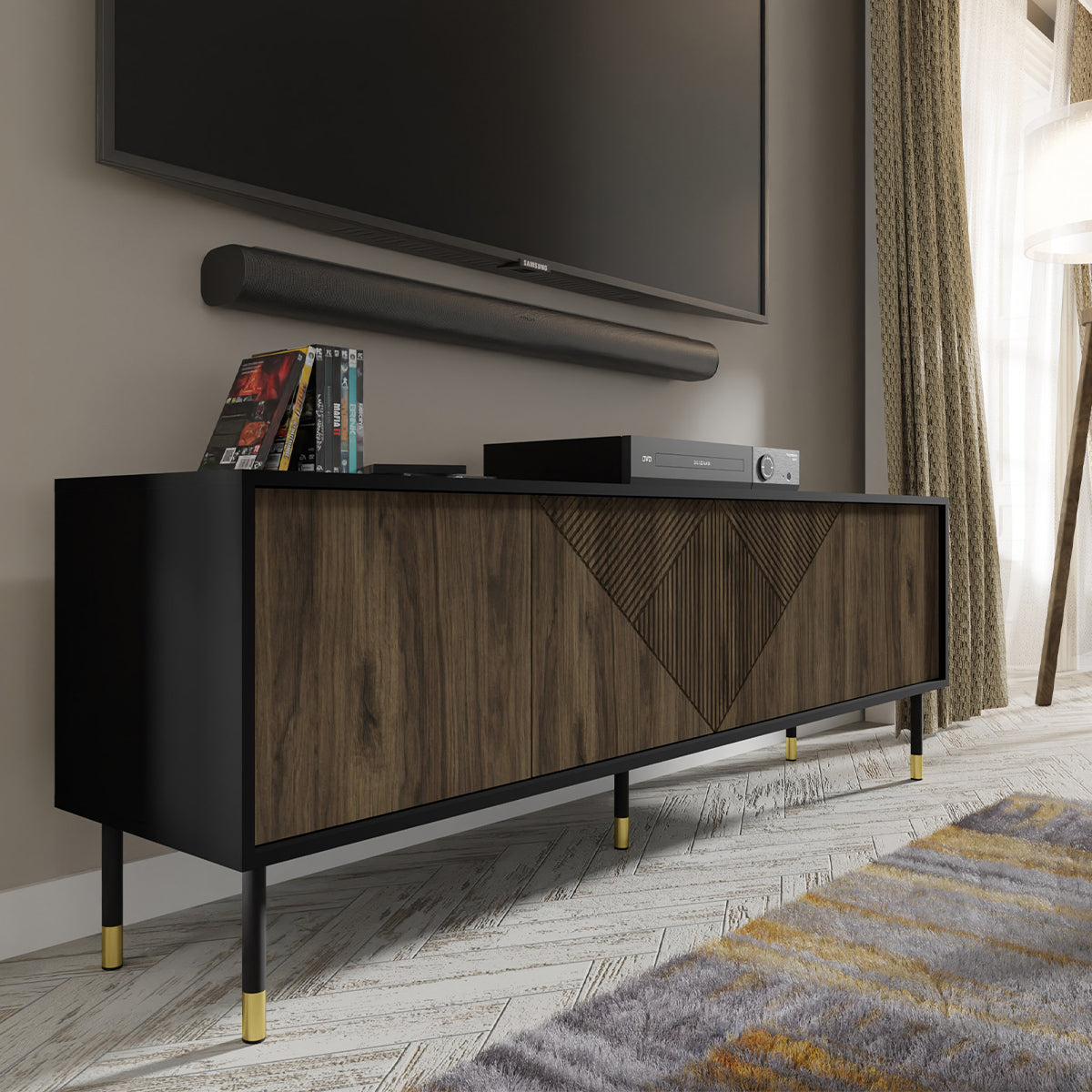 Meuble TV 4 portes 180 cm Aglaé Bois et Noir - vue 3