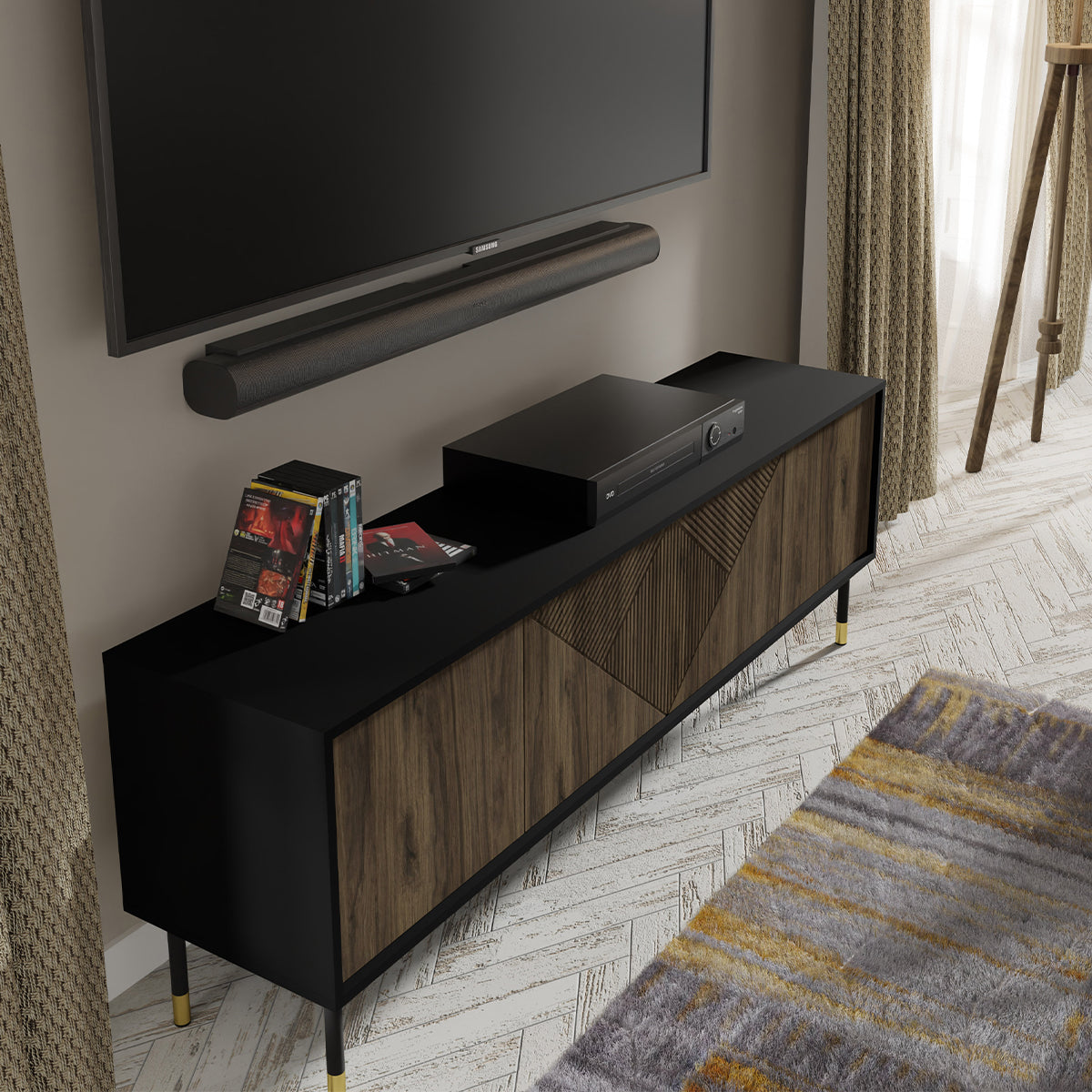 Meuble TV 4 portes 180 cm Aglaé Bois et Noir - vue 4