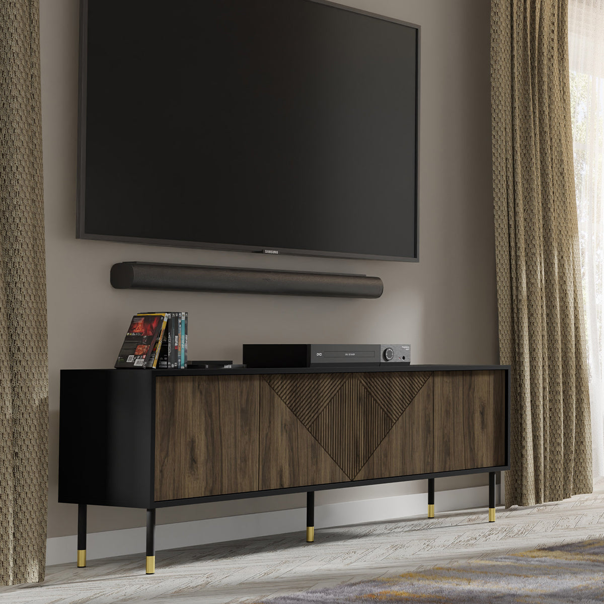 Meuble TV 4 portes 180 cm Aglaé Bois et Noir - vue 5