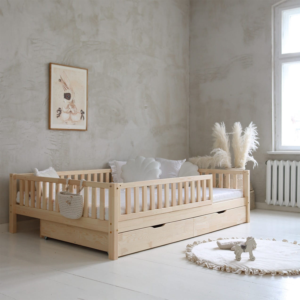 Lit 140x200 barrière sommier et tiroirs inclus Agnès Bois