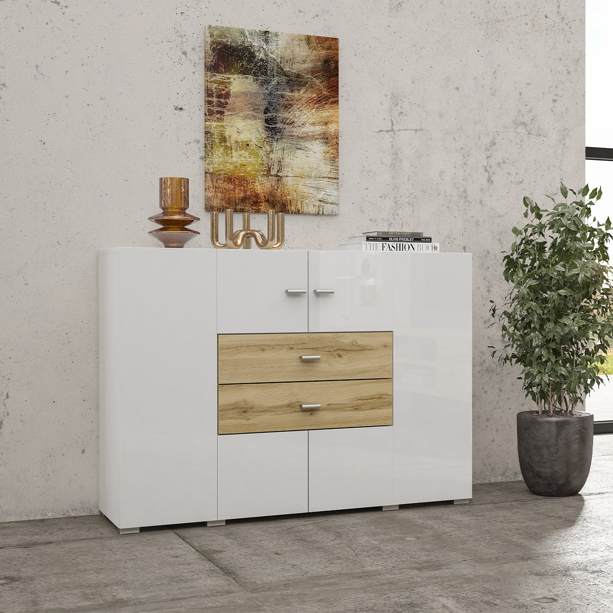 Buffet 2 portes 2 tiroirs Akram Blanc et Bois - vue 3