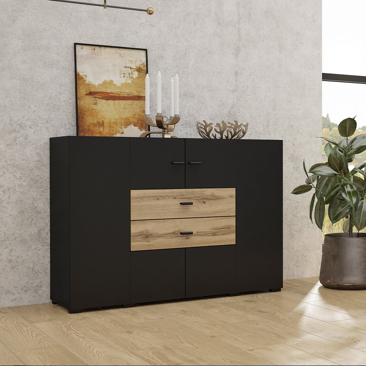 Buffet 2 portes 2 tiroirs Akram Noir et Bois - vue 3