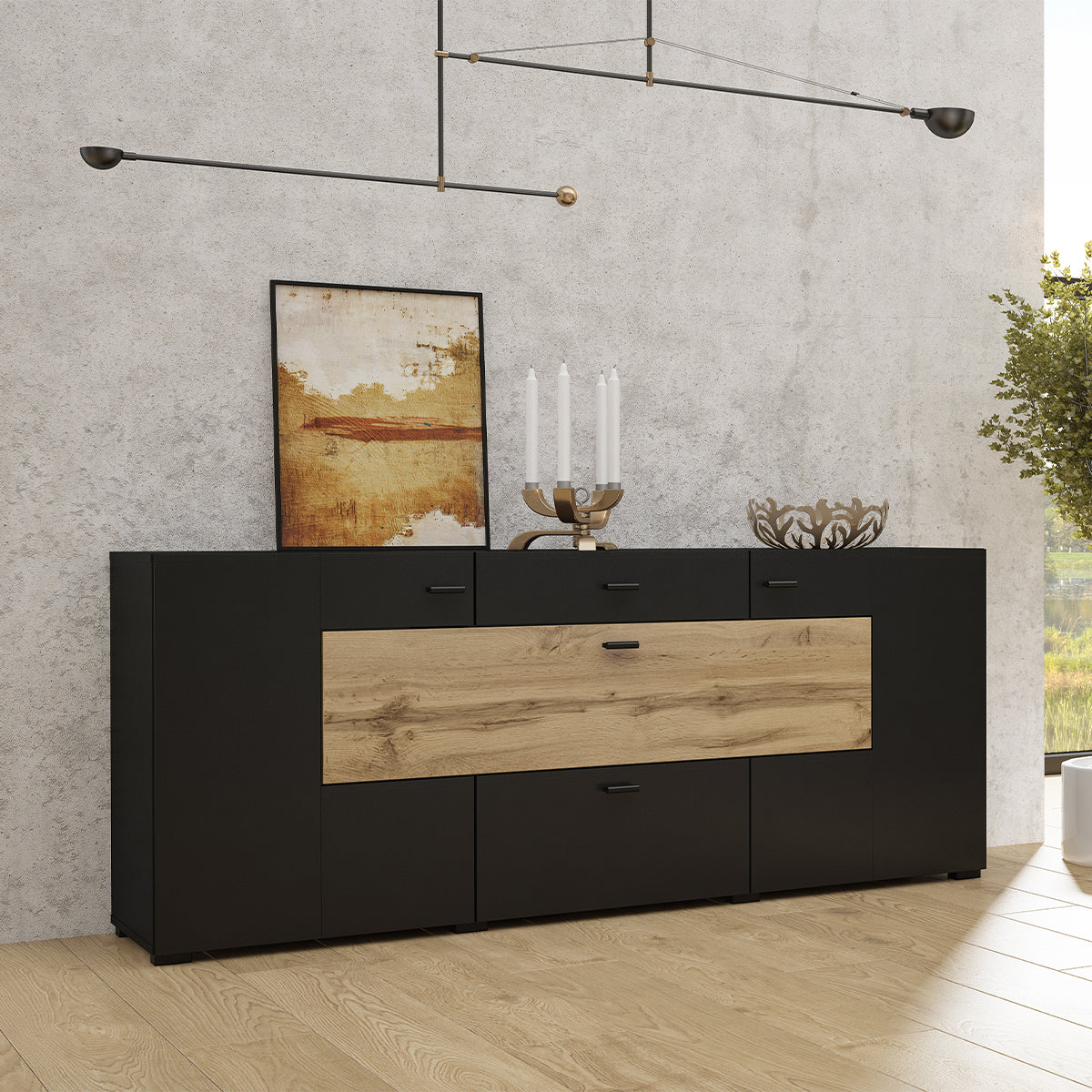 Buffet 3 portes 2 tiroirs Akram Noir et Bois - vue 3