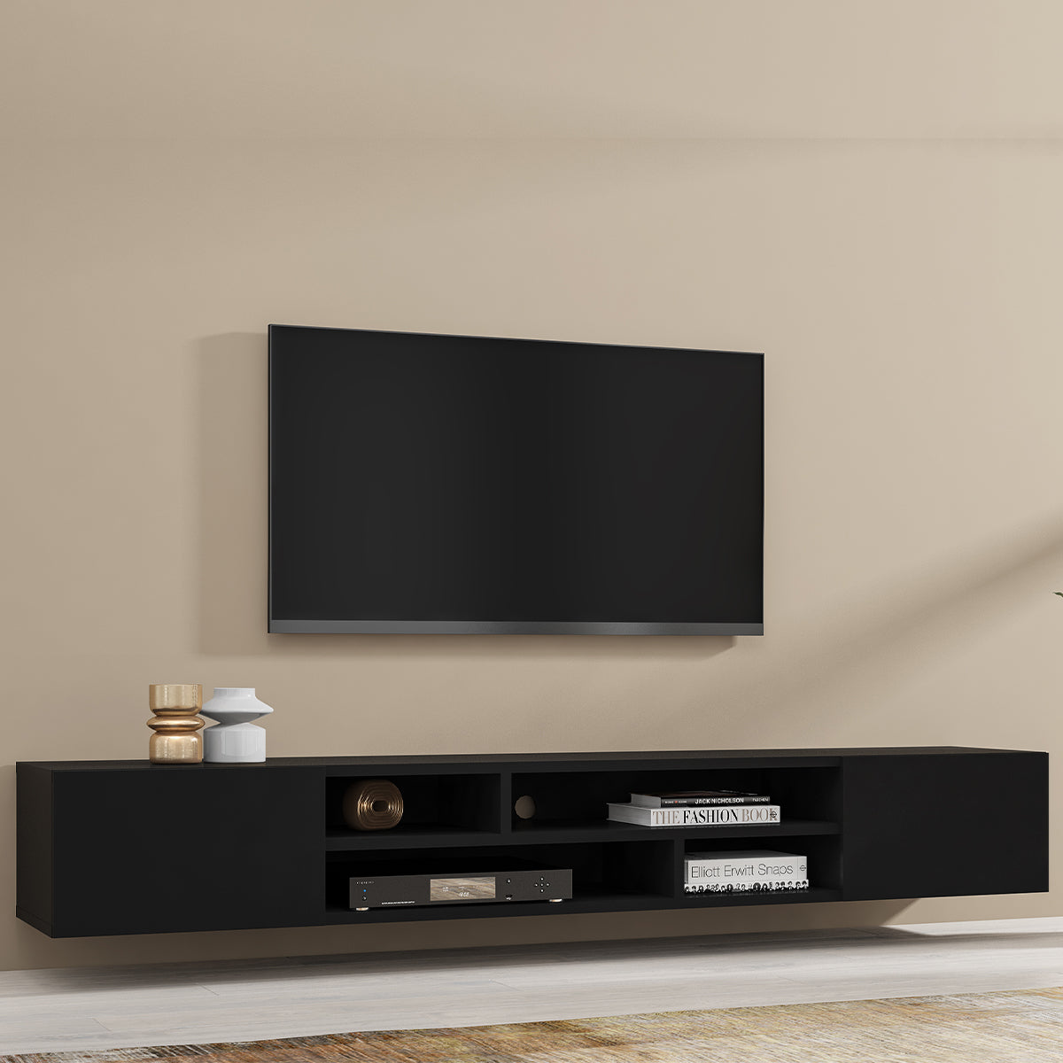 Meuble TV 2 portes 208 cm Akram Noir - vue 4