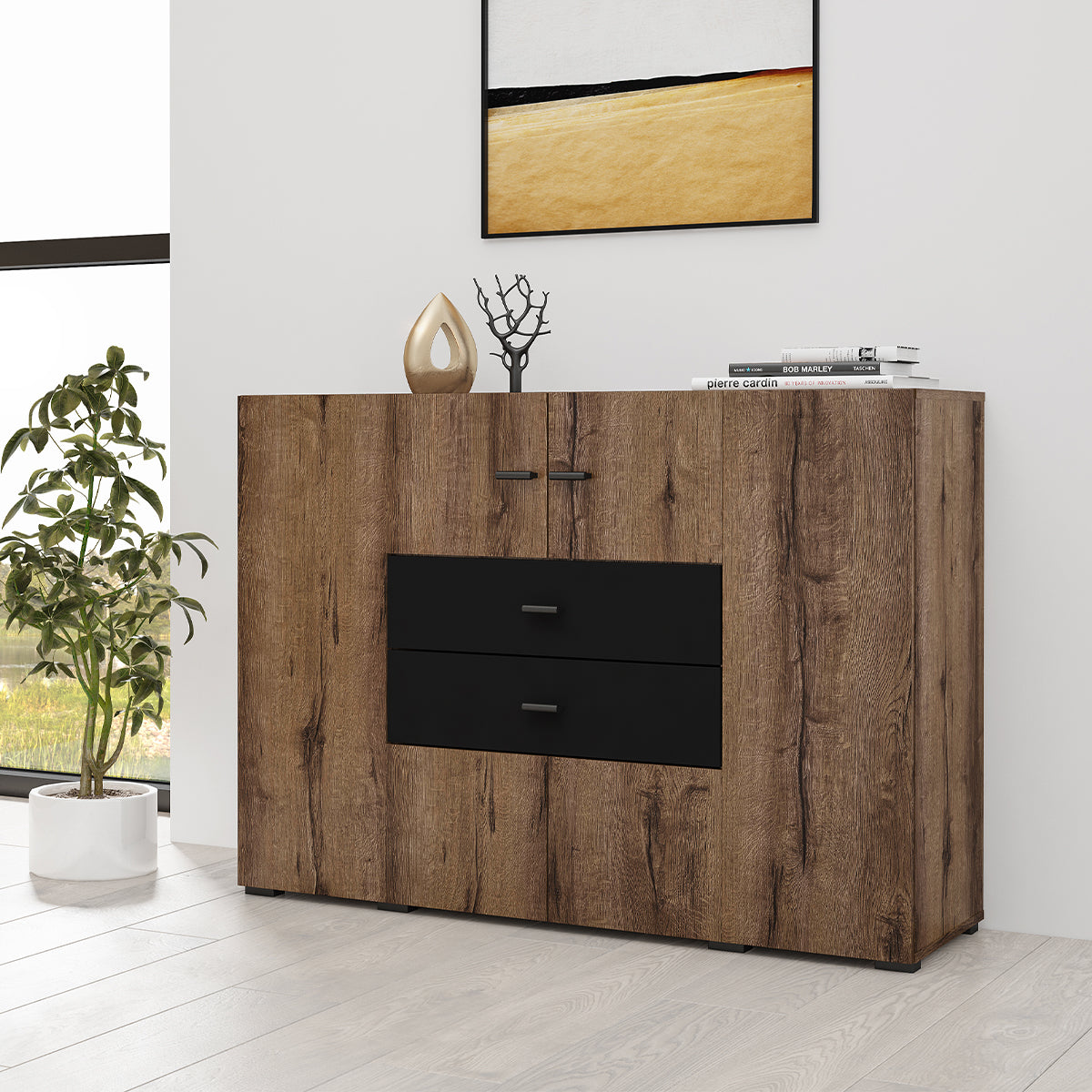 Buffet 2 portes 2 tiroirs Akram Bois Wengé et Noir - vue 3