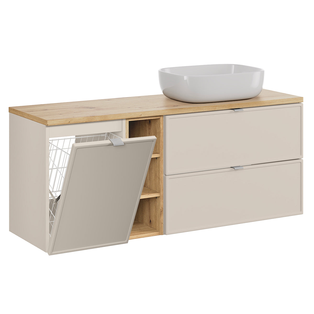 Meuble simple vasque 140cm 3 niches panier à linge Alba Cachemire