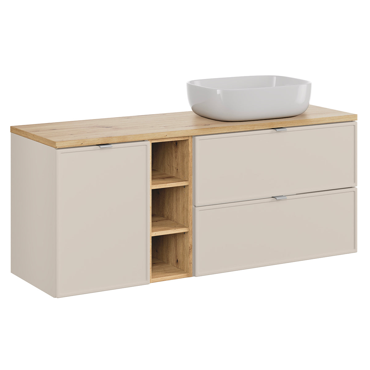 Ensemble meuble simple vasque 140cm 3 niches panier à linge et colonne Alba Cachemire - vue 3