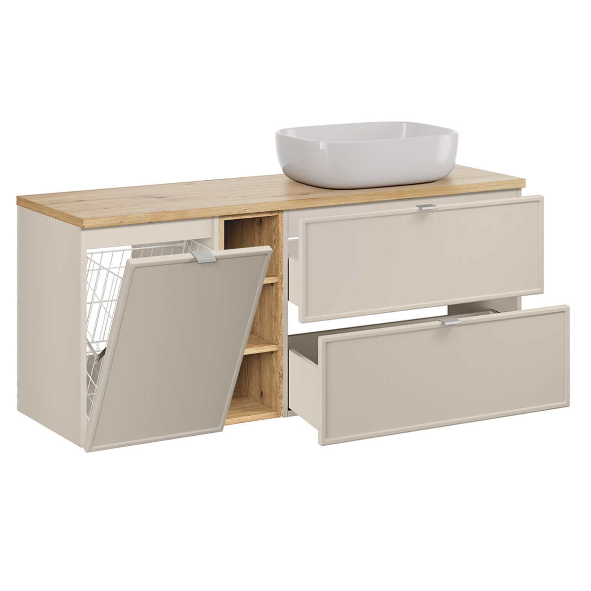 Ensemble meuble simple vasque 140cm 3 niches panier à linge et colonne Alba Cachemire - vue 2