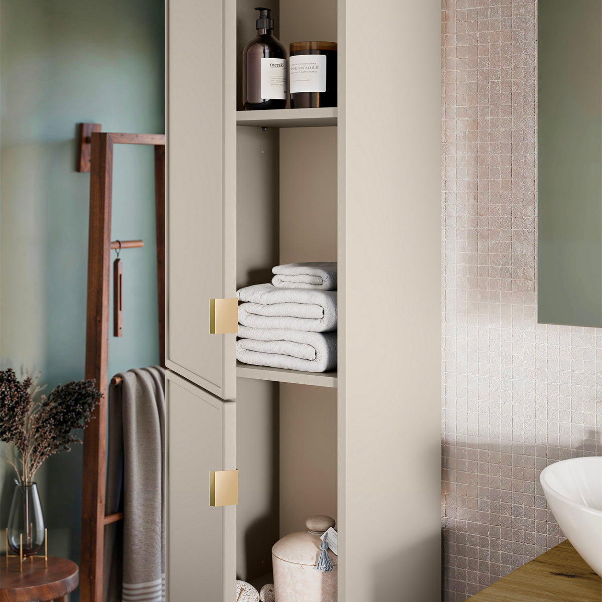 Ensemble meuble simple vasque 140cm 3 niches panier à linge et colonne Alba Cachemire - vue 10