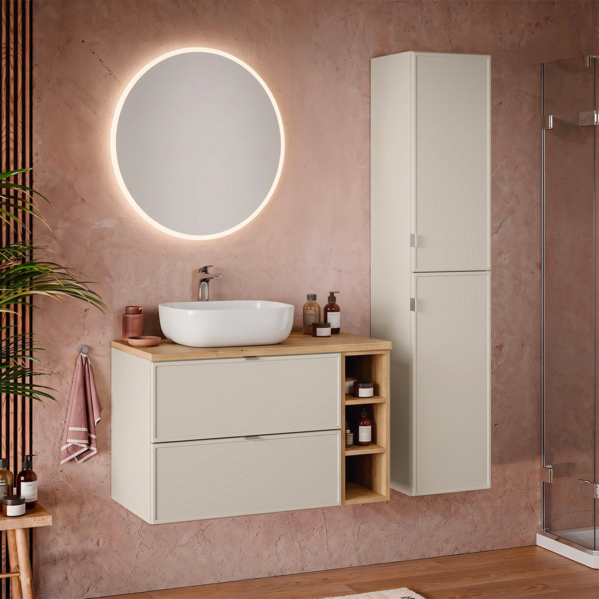 Ensemble meuble simple vasque 100cm 3 niches et colonne Alba Cachemire