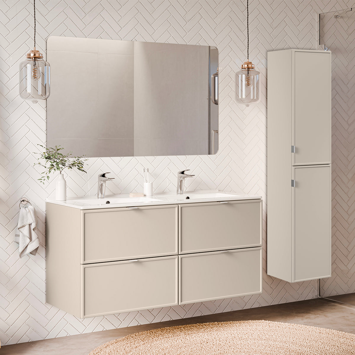 Ensemble meuble double vasque encastrée 120cm et colonne Alba Cachemire
