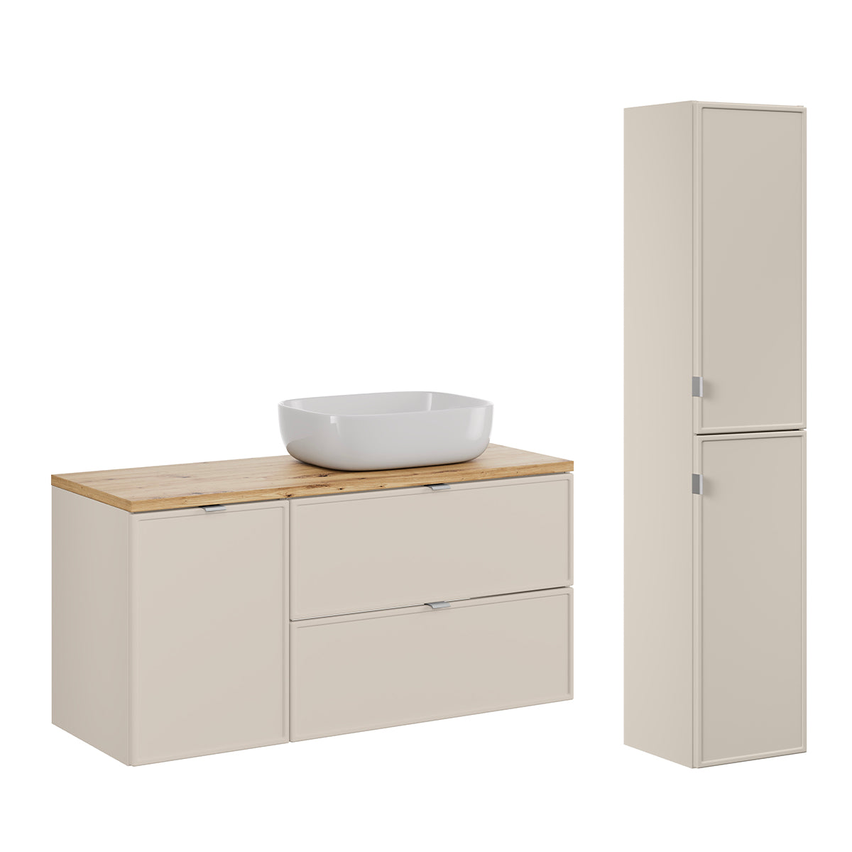 Ensemble meuble simple vasque 120cm panier à linge et colonne Alba Cachemire