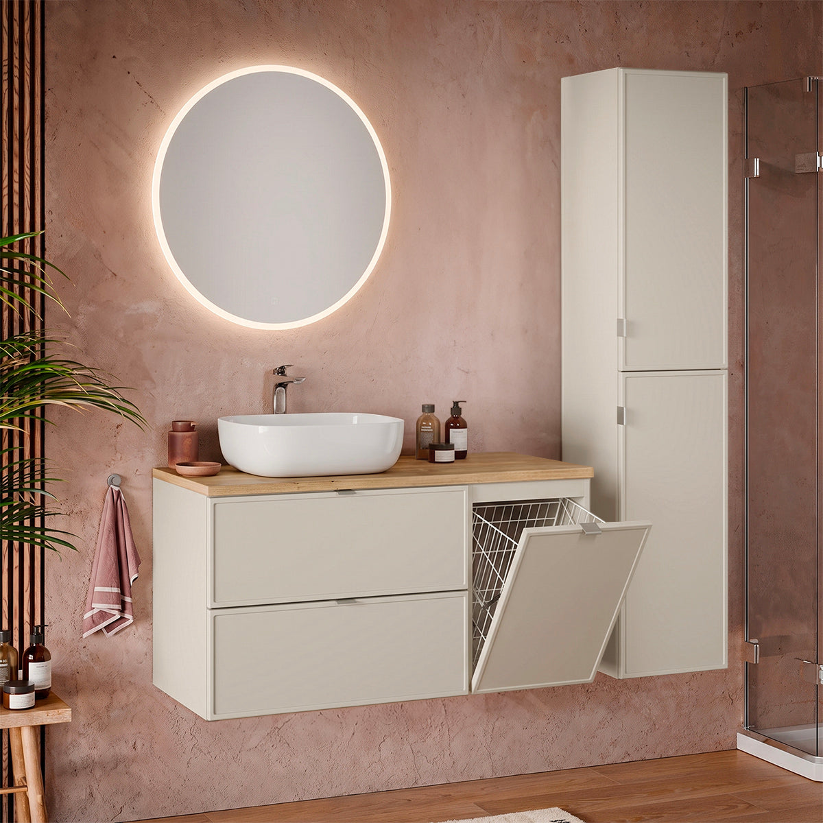 Meuble simple vasque 120cm panier à linge Alba Cachemire