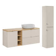 Ensemble meuble simple vasque 140cm 3 niches panier à linge et colonne Alba Cachemire