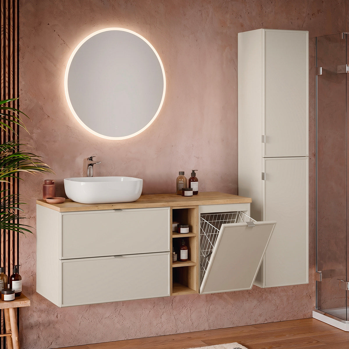 Ensemble meuble simple vasque 140cm 3 niches panier à linge et colonne Alba Cachemire