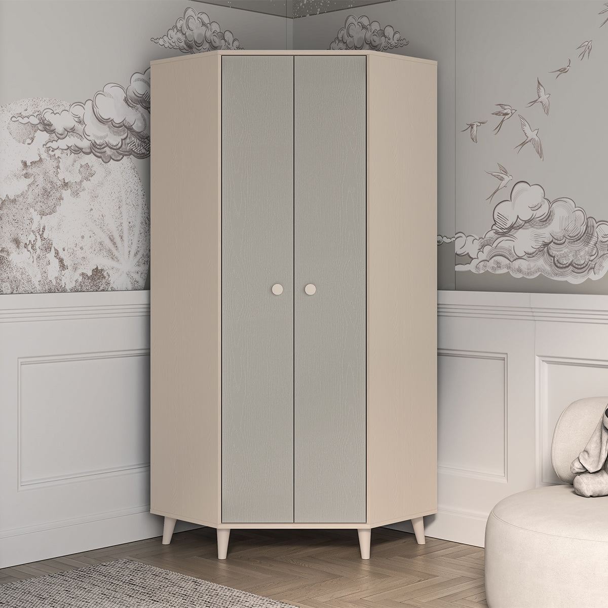 Armoire d'angle 2 portes Alycia Beige et Gris - vue 3
