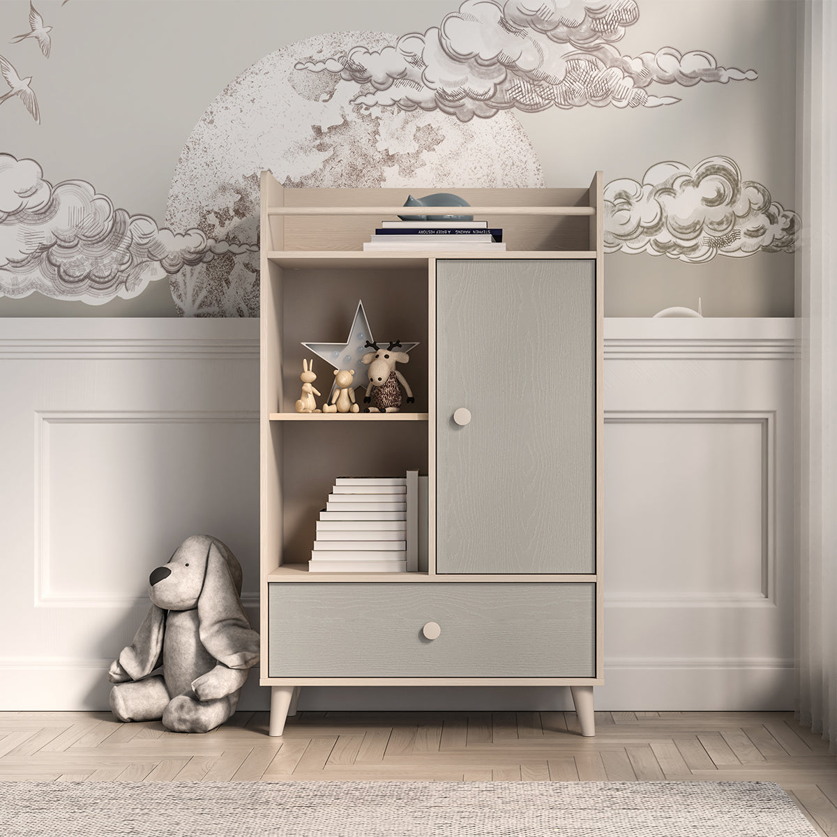 Bibliothèque 1 porte 1 tiroir Alycia Beige et Gris - vue 3