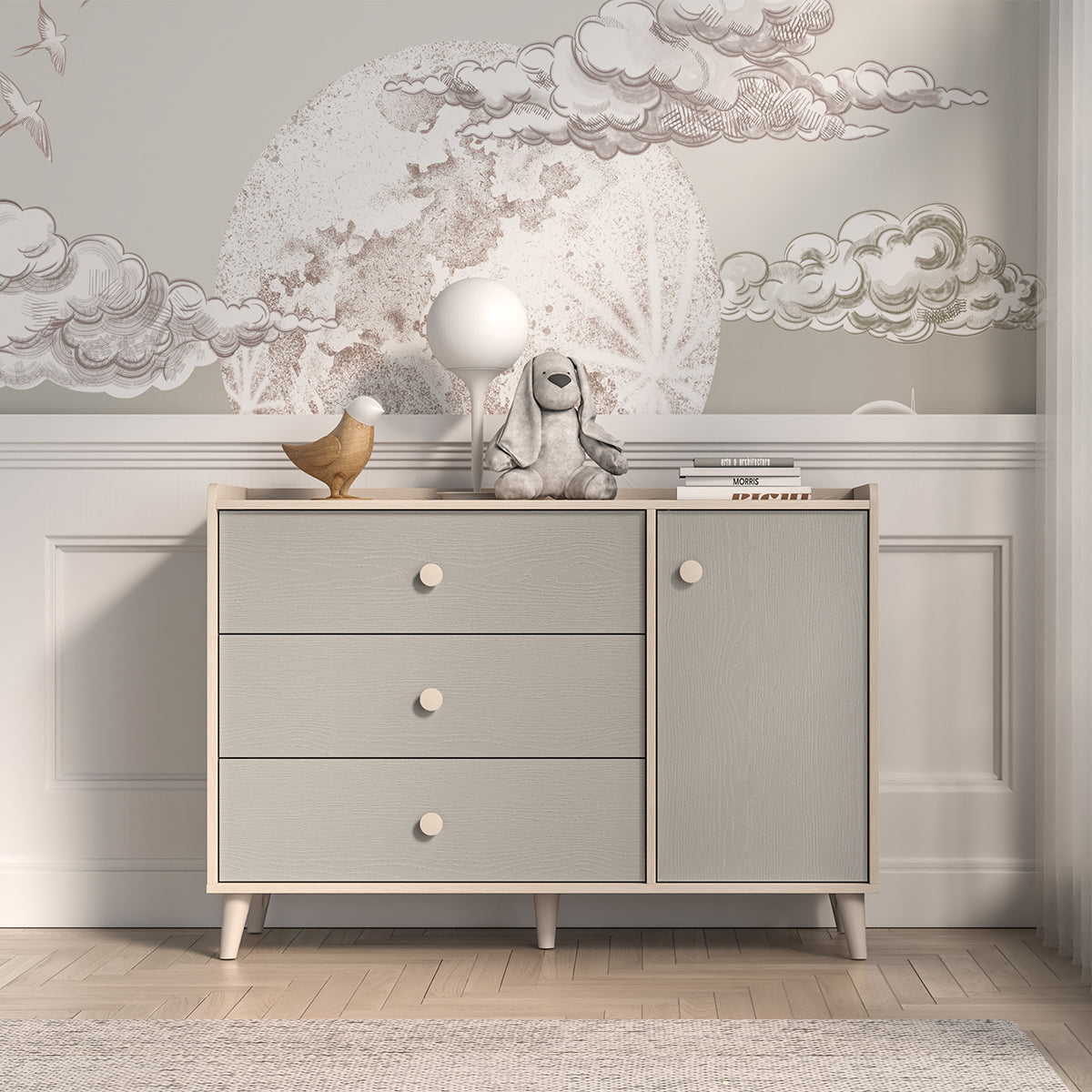 Commode 1 porte 3 tiroirs Alycia Beige et Gris - vue 3